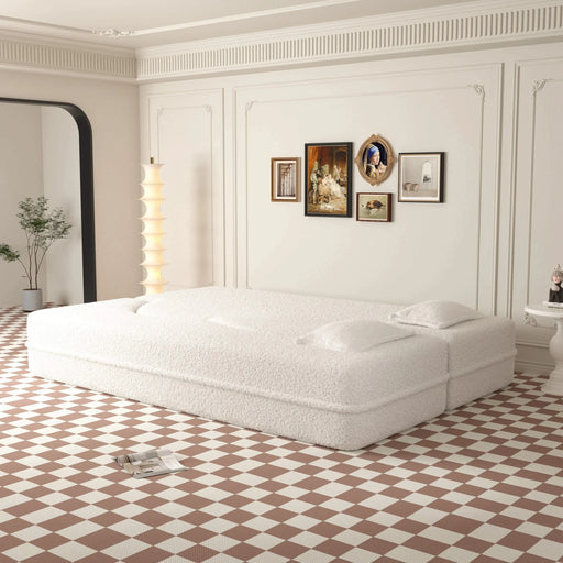 Modern Floor Sofa with 2 Pillows,Convertible Teddy Fabric Foam Filled Sleeper Sofa Bed,15 ' Full Size Folding Mattress for Living Room,Guest Bed,Playroom,no assembly required,Beige Default -DTYStore