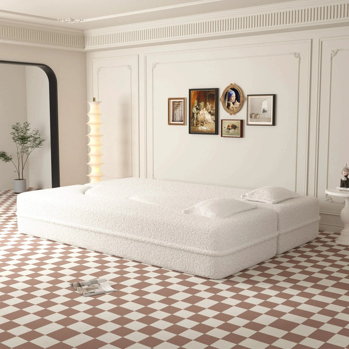 Modern Floor Sofa with 2 Pillows,Convertible Teddy Fabric Foam Filled Sleeper Sofa Bed,15 ' Full Size Folding Mattress for Living Room,Guest Bed,Playroom,no assembly required,Beige Default -DTYStore