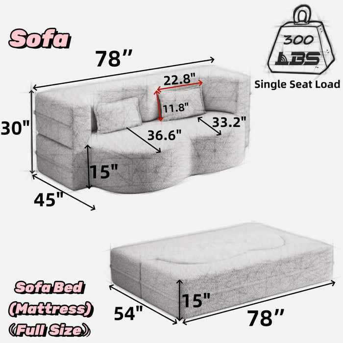 Modern Floor Sofa with 2 Pillows,Convertible Teddy Fabric Foam Filled Sleeper Sofa Bed,15 ' Full Size Folding Mattress for Living Room,Guest Bed,Playroom,no assembly required,Beige Default -DTYStore