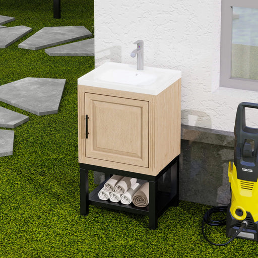 Modern Freestanding 20-Inch Natural Bathroom Vanity with White Ceramic Sink, Hot and Cold Faucet, 1-Door Cabinet & Open Iron Shelf, Magnesium Oxide and Iron Frame Default -DTYStore