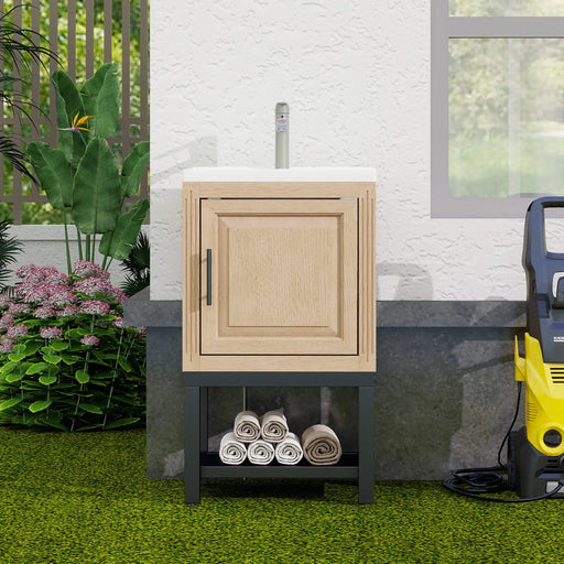 Modern Freestanding 20-Inch Natural Bathroom Vanity with White Ceramic Sink, Hot and Cold Faucet, 1-Door Cabinet & Open Iron Shelf, Magnesium Oxide and Iron Frame Default -DTYStore