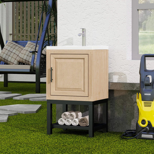 Modern Freestanding 20-Inch Natural Bathroom Vanity with White Ceramic Sink, Hot and Cold Faucet, 1-Door Cabinet & Open Iron Shelf, Magnesium Oxide and Iron Frame Default -DTYStore