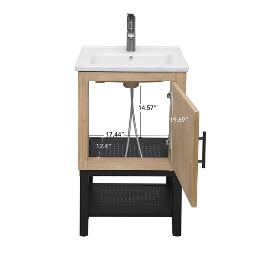 Modern Freestanding 20-Inch Natural Bathroom Vanity with White Ceramic Sink, Hot and Cold Faucet, 1-Door Cabinet & Open Iron Shelf, Magnesium Oxide and Iron Frame Default -DTYStore