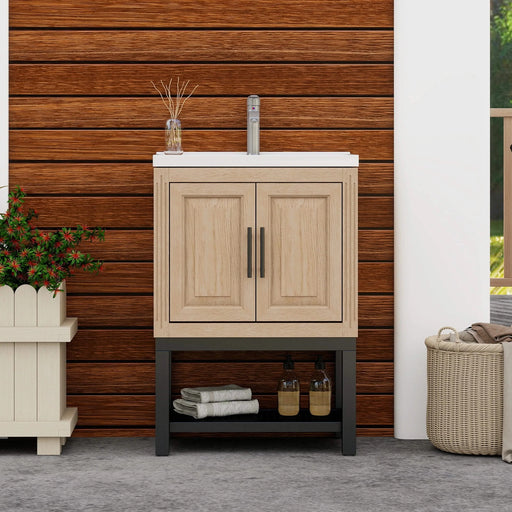 Modern Freestanding 24-Inch Natural Bathroom Vanity with White Ceramic Sink, Hot and Cold Faucet, 2-Door Cabinet & Open Iron Shelf, Magnesium Oxide and Iron Frame Default -DTYStore