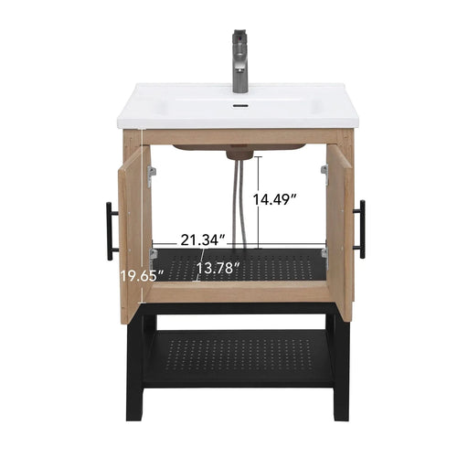 Modern Freestanding 24-Inch Natural Bathroom Vanity with White Ceramic Sink, Hot and Cold Faucet, 2-Door Cabinet & Open Iron Shelf, Magnesium Oxide and Iron Frame Default -DTYStore