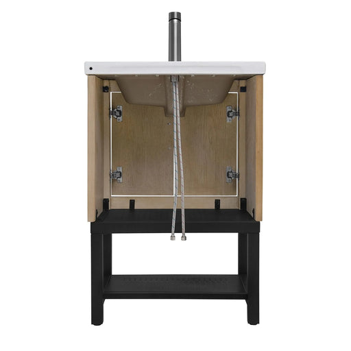 Modern Freestanding 24-Inch Natural Bathroom Vanity with White Ceramic Sink, Hot and Cold Faucet, 2-Door Cabinet & Open Iron Shelf, Magnesium Oxide and Iron Frame Default -DTYStore