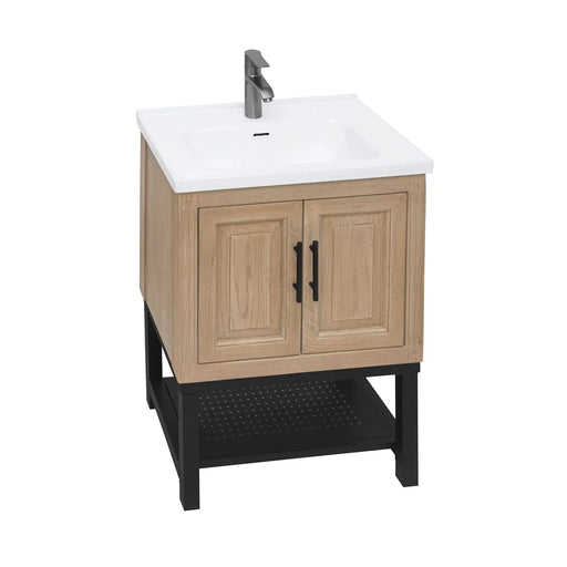 Modern Freestanding 24-Inch Natural Bathroom Vanity with White Ceramic Sink, Hot and Cold Faucet, 2-Door Cabinet & Open Iron Shelf, Magnesium Oxide and Iron Frame Default -DTYStore