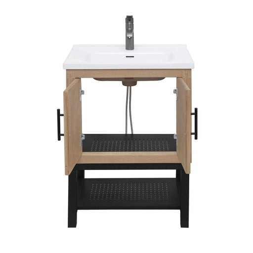 Modern Freestanding 24-Inch Natural Bathroom Vanity with White Ceramic Sink, Hot and Cold Faucet, 2-Door Cabinet & Open Iron Shelf, Magnesium Oxide and Iron Frame Default -DTYStore