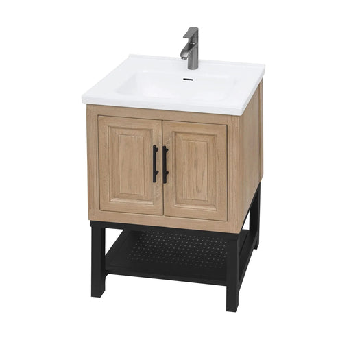 Modern Freestanding 24-Inch Natural Bathroom Vanity with White Ceramic Sink, Hot and Cold Faucet, 2-Door Cabinet & Open Iron Shelf, Magnesium Oxide and Iron Frame Default -DTYStore