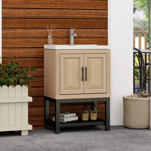 Modern Freestanding 24-Inch Natural Bathroom Vanity with White Ceramic Sink, Hot and Cold Faucet, 2-Door Cabinet & Open Iron Shelf, Magnesium Oxide and Iron Frame Default -DTYStore