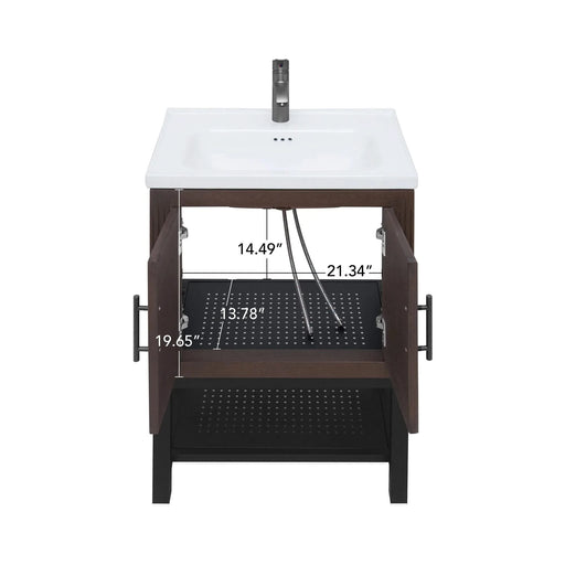 Modern Freestanding 24-Inch Walnut Bathroom Vanity with White Ceramic Sink, Hot and Cold Faucet, 2-Door Cabinet & Open Iron Shelf, Magnesium Oxide and Iron Frame Default -DTYStore