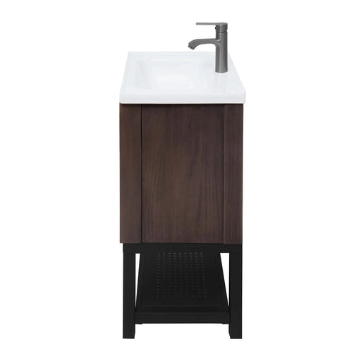 Modern Freestanding 24-Inch Walnut Bathroom Vanity with White Ceramic Sink, Hot and Cold Faucet, 2-Door Cabinet & Open Iron Shelf, Magnesium Oxide and Iron Frame Default -DTYStore