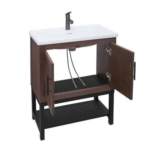 Modern Freestanding 24-Inch Walnut Bathroom Vanity with White Ceramic Sink, Hot and Cold Faucet, 2-Door Cabinet & Open Iron Shelf, Magnesium Oxide and Iron Frame Default -DTYStore