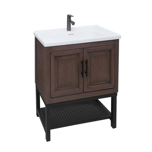 Modern Freestanding 24-Inch Walnut Bathroom Vanity with White Ceramic Sink, Hot and Cold Faucet, 2-Door Cabinet & Open Iron Shelf, Magnesium Oxide and Iron Frame Default -DTYStore