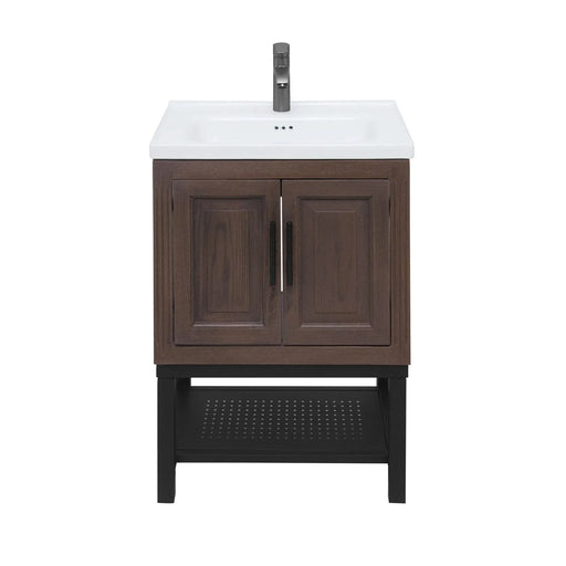 Modern Freestanding 24-Inch Walnut Bathroom Vanity with White Ceramic Sink, Hot and Cold Faucet, 2-Door Cabinet & Open Iron Shelf, Magnesium Oxide and Iron Frame Default -DTYStore