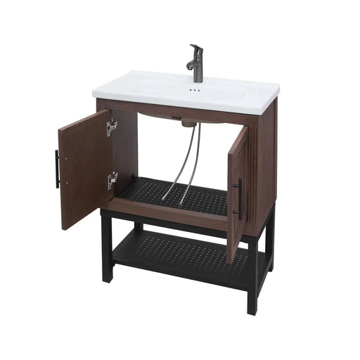 Modern Freestanding 24-Inch Walnut Bathroom Vanity with White Ceramic Sink, Hot and Cold Faucet, 2-Door Cabinet & Open Iron Shelf, Magnesium Oxide and Iron Frame Default -DTYStore