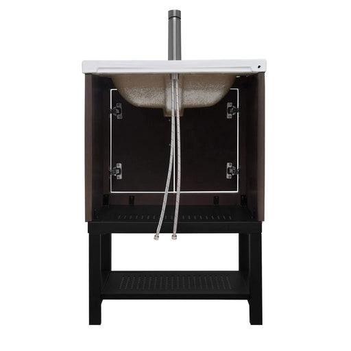 Modern Freestanding 24-Inch Walnut Bathroom Vanity with White Ceramic Sink, Hot and Cold Faucet, 2-Door Cabinet & Open Iron Shelf, Magnesium Oxide and Iron Frame Default -DTYStore