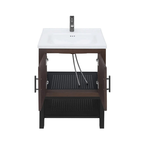 Modern Freestanding 24-Inch Walnut Bathroom Vanity with White Ceramic Sink, Hot and Cold Faucet, 2-Door Cabinet & Open Iron Shelf, Magnesium Oxide and Iron Frame Default -DTYStore