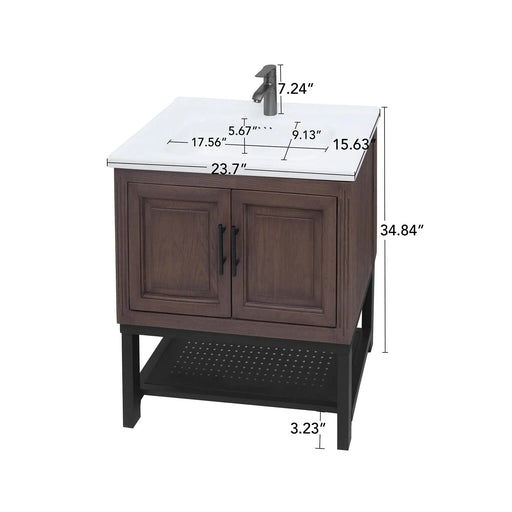 Modern Freestanding 24-Inch Walnut Bathroom Vanity with White Ceramic Sink, Hot and Cold Faucet, 2-Door Cabinet & Open Iron Shelf, Magnesium Oxide and Iron Frame Default -DTYStore