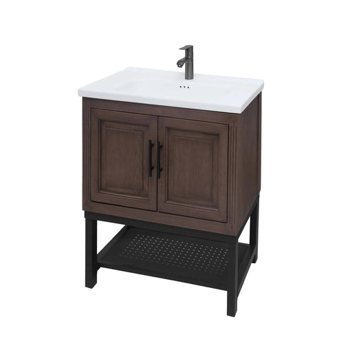 Modern Freestanding 24-Inch Walnut Bathroom Vanity with White Ceramic Sink, Hot and Cold Faucet, 2-Door Cabinet & Open Iron Shelf, Magnesium Oxide and Iron Frame Default -DTYStore