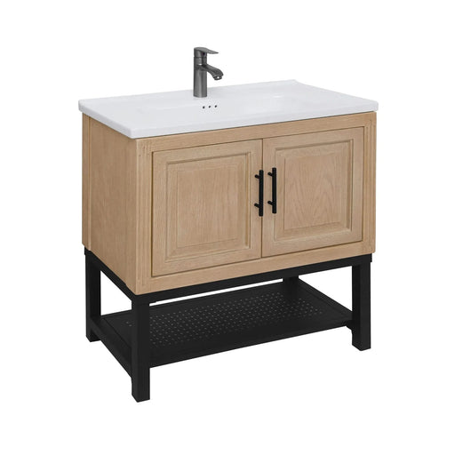 Modern Freestanding 32-Inch Bathroom Vanity with White Ceramic Sink, Hot and Cold Faucet, 2-Door Natural Cabinet & Open Iron Shelf, Magnesium Oxide Frame Default -DTYStore