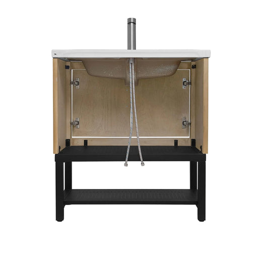 Modern Freestanding 32-Inch Bathroom Vanity with White Ceramic Sink, Hot and Cold Faucet, 2-Door Natural Cabinet & Open Iron Shelf, Magnesium Oxide Frame Default -DTYStore