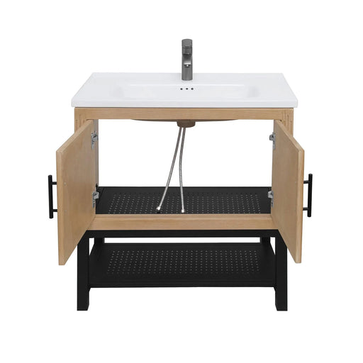 Modern Freestanding 32-Inch Bathroom Vanity with White Ceramic Sink, Hot and Cold Faucet, 2-Door Natural Cabinet & Open Iron Shelf, Magnesium Oxide Frame Default -DTYStore