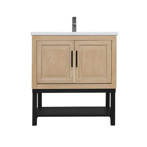 Modern Freestanding 32-Inch Bathroom Vanity with White Ceramic Sink, Hot and Cold Faucet, 2-Door Natural Cabinet & Open Iron Shelf, Magnesium Oxide Frame Default -DTYStore