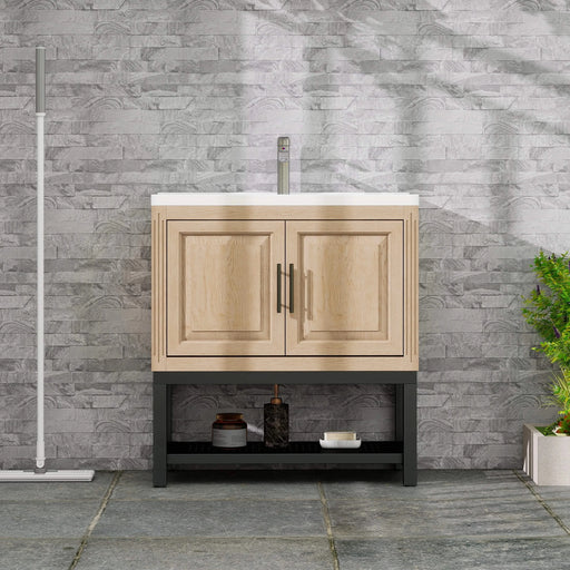 Modern Freestanding 32-Inch Bathroom Vanity with White Ceramic Sink, Hot and Cold Faucet, 2-Door Natural Cabinet & Open Iron Shelf, Magnesium Oxide Frame Default -DTYStore