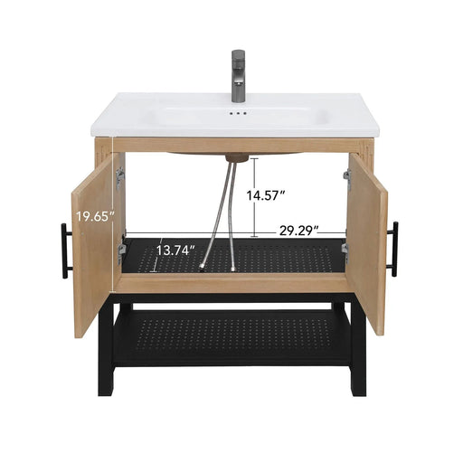 Modern Freestanding 32-Inch Bathroom Vanity with White Ceramic Sink, Hot and Cold Faucet, 2-Door Natural Cabinet & Open Iron Shelf, Magnesium Oxide Frame Default -DTYStore