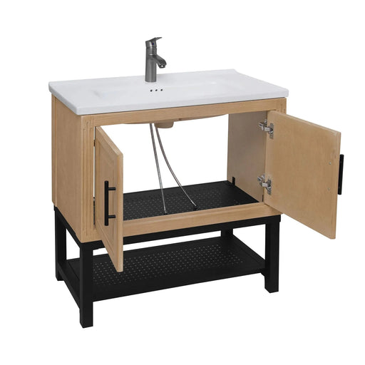 Modern Freestanding 32-Inch Bathroom Vanity with White Ceramic Sink, Hot and Cold Faucet, 2-Door Natural Cabinet & Open Iron Shelf, Magnesium Oxide Frame Default -DTYStore