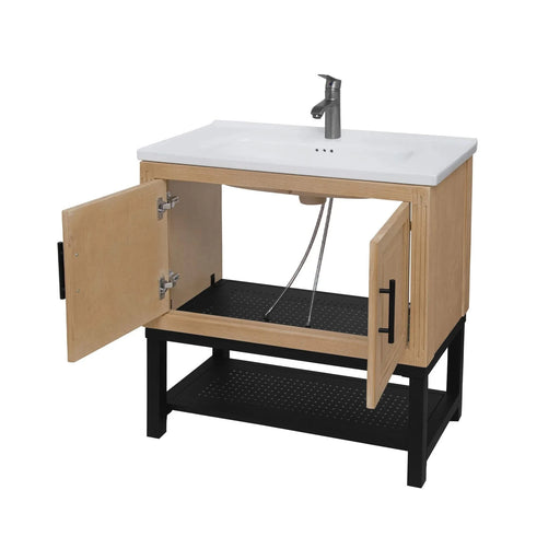 Modern Freestanding 32-Inch Bathroom Vanity with White Ceramic Sink, Hot and Cold Faucet, 2-Door Natural Cabinet & Open Iron Shelf, Magnesium Oxide Frame Default -DTYStore