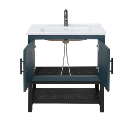 Modern Freestanding 32-Inch Blue Bathroom Vanity with White Ceramic Sink, Hot and Cold Faucet, 2-Door Cabinet & Open Iron Shelf, Magnesium Oxide Frame Default -DTYStore