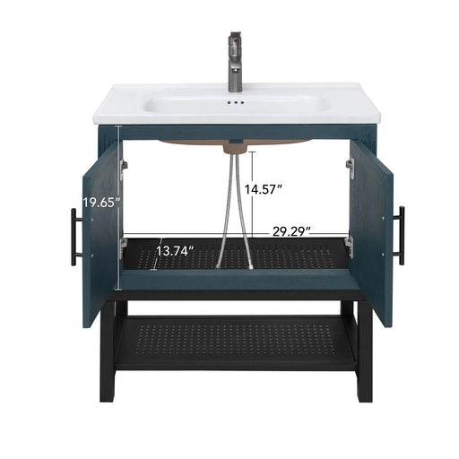 Modern Freestanding 32-Inch Blue Bathroom Vanity with White Ceramic Sink, Hot and Cold Faucet, 2-Door Cabinet & Open Iron Shelf, Magnesium Oxide Frame Default -DTYStore