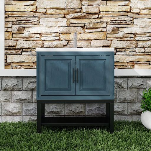 Modern Freestanding 32-Inch Blue Bathroom Vanity with White Ceramic Sink, Hot and Cold Faucet, 2-Door Cabinet & Open Iron Shelf, Magnesium Oxide Frame Default -DTYStore