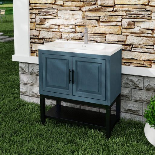 Modern Freestanding 32-Inch Blue Bathroom Vanity with White Ceramic Sink, Hot and Cold Faucet, 2-Door Cabinet & Open Iron Shelf, Magnesium Oxide Frame Default -DTYStore