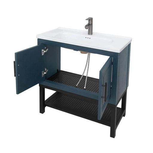 Modern Freestanding 32-Inch Blue Bathroom Vanity with White Ceramic Sink, Hot and Cold Faucet, 2-Door Cabinet & Open Iron Shelf, Magnesium Oxide Frame Default -DTYStore