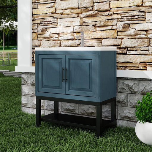 Modern Freestanding 32-Inch Blue Bathroom Vanity with White Ceramic Sink, Hot and Cold Faucet, 2-Door Cabinet & Open Iron Shelf, Magnesium Oxide Frame Default -DTYStore