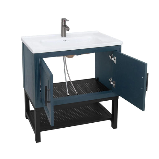 Modern Freestanding 32-Inch Blue Bathroom Vanity with White Ceramic Sink, Hot and Cold Faucet, 2-Door Cabinet & Open Iron Shelf, Magnesium Oxide Frame Default -DTYStore