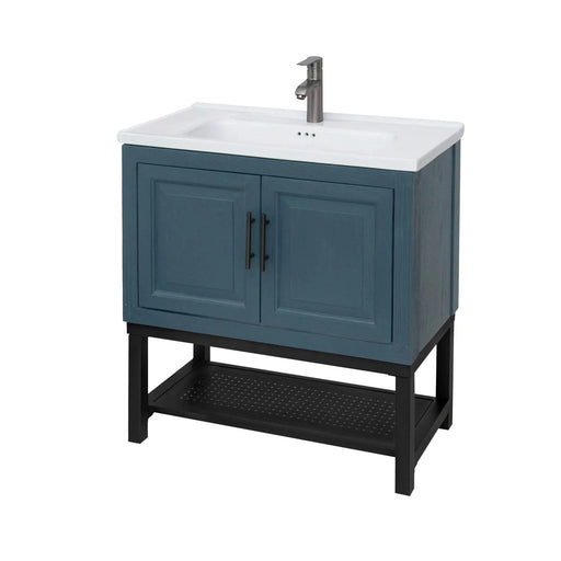 Modern Freestanding 32-Inch Blue Bathroom Vanity with White Ceramic Sink, Hot and Cold Faucet, 2-Door Cabinet & Open Iron Shelf, Magnesium Oxide Frame Default -DTYStore