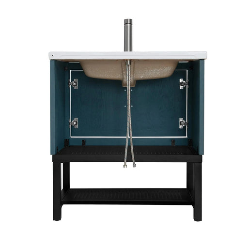 Modern Freestanding 32-Inch Blue Bathroom Vanity with White Ceramic Sink, Hot and Cold Faucet, 2-Door Cabinet & Open Iron Shelf, Magnesium Oxide Frame Default -DTYStore