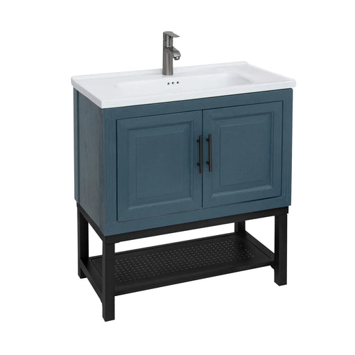 Modern Freestanding 32-Inch Blue Bathroom Vanity with White Ceramic Sink, Hot and Cold Faucet, 2-Door Cabinet & Open Iron Shelf, Magnesium Oxide Frame Default -DTYStore