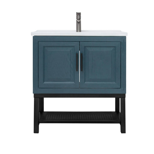 Modern Freestanding 32-Inch Blue Bathroom Vanity with White Ceramic Sink, Hot and Cold Faucet, 2-Door Cabinet & Open Iron Shelf, Magnesium Oxide Frame Default -DTYStore