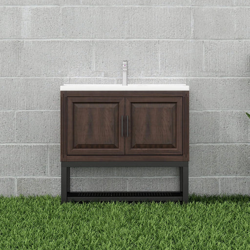 Modern Freestanding 36-Inch Bathroom Vanity with White Ceramic Sink, Hot and Cold Faucet, 2-Door Walnut Cabinet & Open Iron Shelf Default -DTYStore