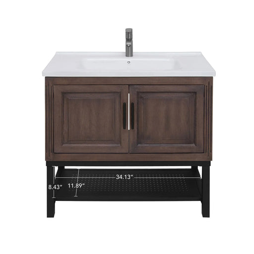 Modern Freestanding 36-Inch Bathroom Vanity with White Ceramic Sink, Hot and Cold Faucet, 2-Door Walnut Cabinet & Open Iron Shelf Default -DTYStore