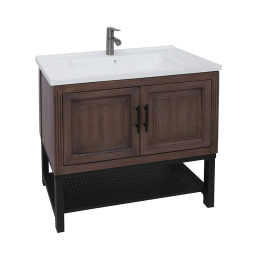 Modern Freestanding 36-Inch Bathroom Vanity with White Ceramic Sink, Hot and Cold Faucet, 2-Door Walnut Cabinet & Open Iron Shelf Default -DTYStore