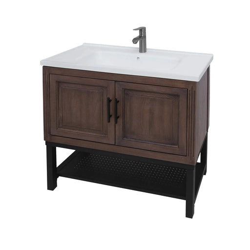 Modern Freestanding 36-Inch Bathroom Vanity with White Ceramic Sink, Hot and Cold Faucet, 2-Door Walnut Cabinet & Open Iron Shelf Default -DTYStore