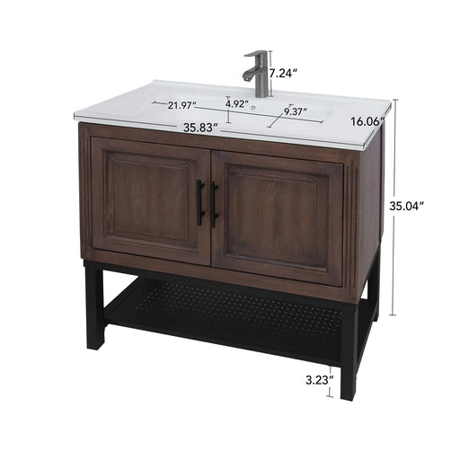 Modern Freestanding 36-Inch Bathroom Vanity with White Ceramic Sink, Hot and Cold Faucet, 2-Door Walnut Cabinet & Open Iron Shelf Default -DTYStore