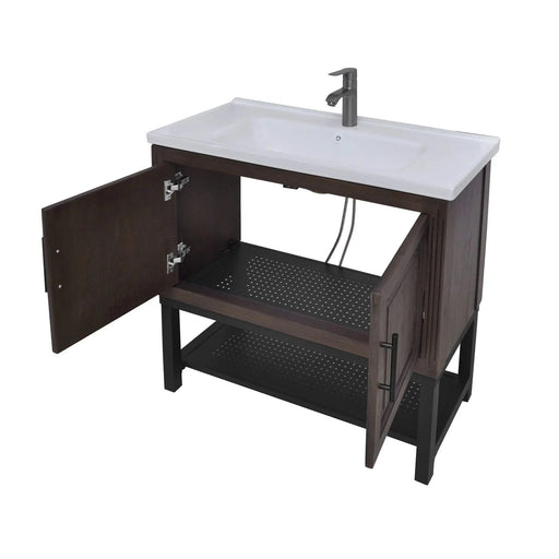 Modern Freestanding 36-Inch Bathroom Vanity with White Ceramic Sink, Hot and Cold Faucet, 2-Door Walnut Cabinet & Open Iron Shelf Default -DTYStore