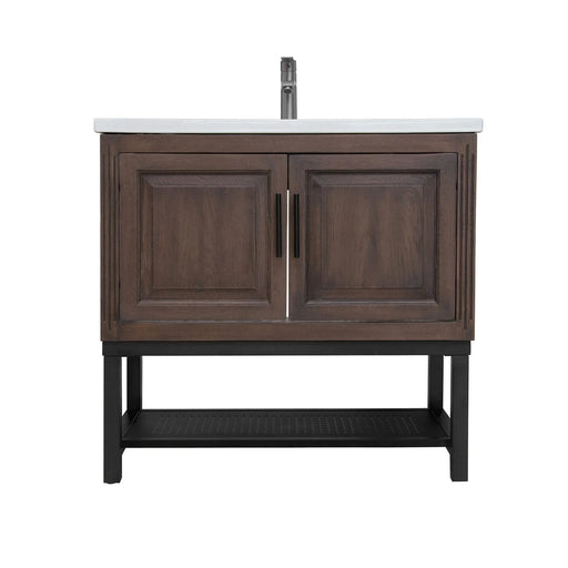 Modern Freestanding 36-Inch Bathroom Vanity with White Ceramic Sink, Hot and Cold Faucet, 2-Door Walnut Cabinet & Open Iron Shelf Default -DTYStore